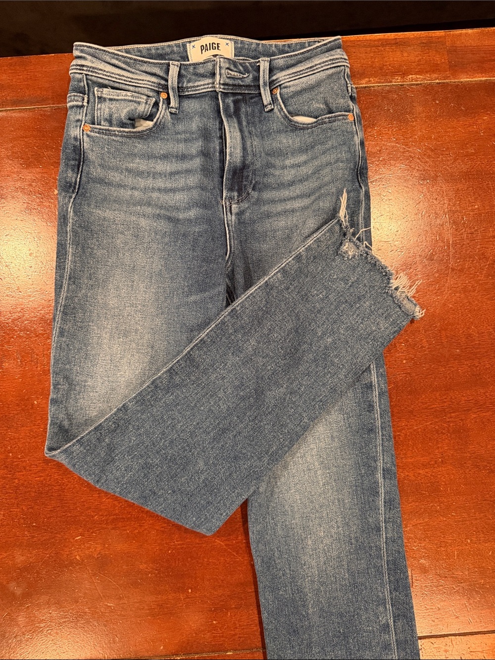 PAIGE Mid Blue Straight Leg Jeans with Frayed Hem